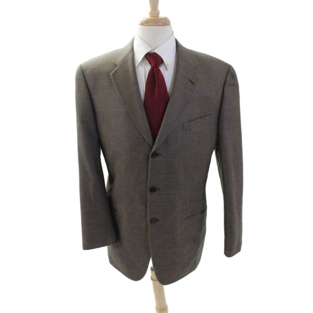 Joseph Abboud Mens Brown Check Wool-Silk Suit Jacket Button Collared Size 40